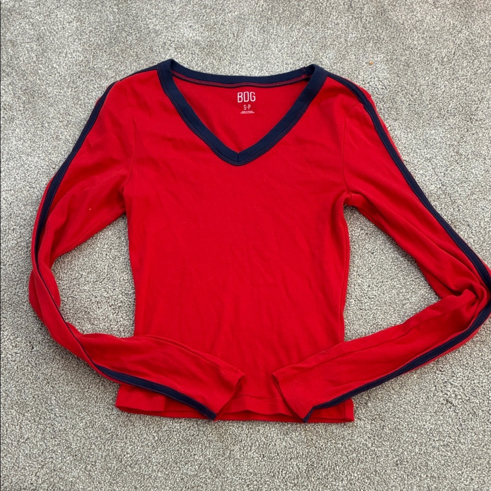 BDG Red Long Sleeve V-Neck Top with Navy Trim